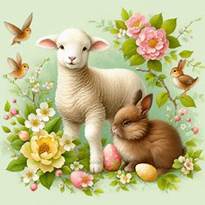 eine Osterszene in Hellgrn und gelb, rosa Blten an einem Zweig, dazu ein Lamm und ein brauner Hasen, das Lamm ist deutlich grer als der Hase. Bild 3 von 4