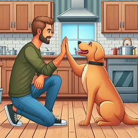 ein Hund sitzt in der Kche, ein Mann kniet neben ihm, sie geben sich ein freundliches high five, cartoon style. Bild 4 von 4