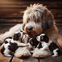 ein erwachsener Hund der Rasse Petit Basset Griffon Venden spielt mit seinen Welpen. Bild 1 von 4