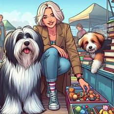 ein junger Beardedcollie mit Schlappohren und ein frhlicher Terrier auf einem Flohmarkt mit Bchern und Kinderspielzeug, hinter dem Marktstand steht eine hellhutige Frau von 60 Jahren, comic style. Bild 1 von 4