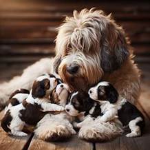 ein erwachsener Hund der Rasse Petit Basset Griffon Vend�en spielt mit seinen Welpen. Bild 1 von 4