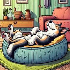 ein Hund schl�ft auf dem R�cken in einem gem�tlichen Hundebett, comic style. Bild 2 von 4