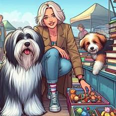 ein junger Beardedcollie mit Schlappohren und ein fr�hlicher Terrier auf einem Flohmarkt mit B�chern und Kinderspielzeug, hinter dem Marktstand steht eine hellh�utige Frau von 60 Jahren, comic style. Bild 1 von 4