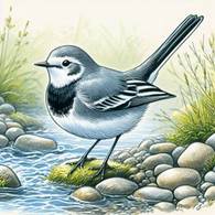 eine Bachstelze mit hellgrauem Bauch steht wippend an einem Bach, h�bsches gr�nes Ufer, Zeichnung. Bild 2 von 4