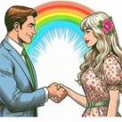 reinwei�er Hintergrund, ein Mann im Alter von Mitte 50 mit braunen Haaren und eine blonde Frau von Mitte 20 in einem Kleid mit Blumenmuster stehen sich verliebt gegen�ber und reichen sich die H�nde, ein Regenbogen verbindet die beiden �ber ihren K�pfen, comic style. Bild 2 von 4