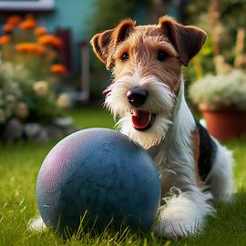 ein Foxterrier spielt im Garten mit einem groen, glatten, dunkelblauen Ball aus Hartplastik. Bild 4 von 4