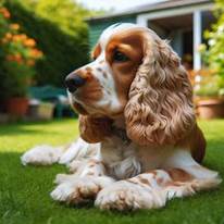 ein orange-wei gescheckter Englischer Cocker Spaniel liegt im Garten im Gras, man sieht ihn von der Seite. Bild 1 von 4