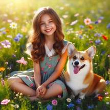 ein 10 Jahre altes M�dchen sitzt auf einer gr�nen Wiese mit wenigen niedrigen Blumen, neben ihm sitzt ein fr�hlicher Corgi. Bild 1 von 4