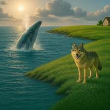 mache den Wolf kleiner
lasse unterhalb der Sonne, weit drau�en im Meer, einen Buckelwal auftauchen