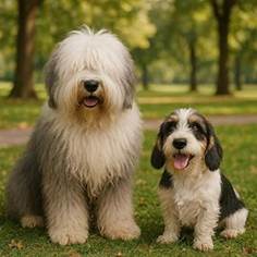 ein grau-weier Bobtail mit viel langem Haar und verdeckten Augen sitzt in einem Park neben einem deutlich kleineren, frhlichen, schwarz-weien Petit Basset Griffon Venden mit kurzen Haaren
